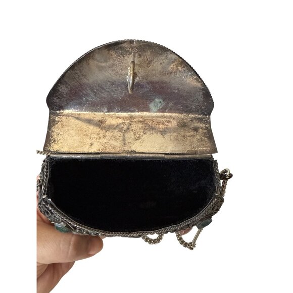 Vintage Sajai inlaid natural agate stones gems metal evening purse from India - Picture 9 of 12